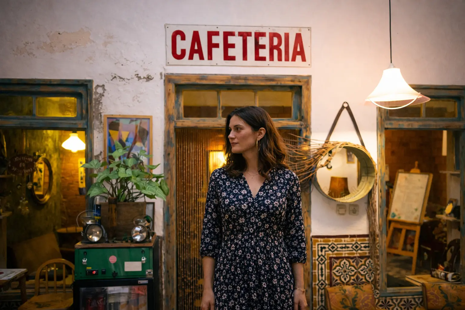 Woman in artistic café in Essaouira medina with Moroccan decor and creative atmosphere