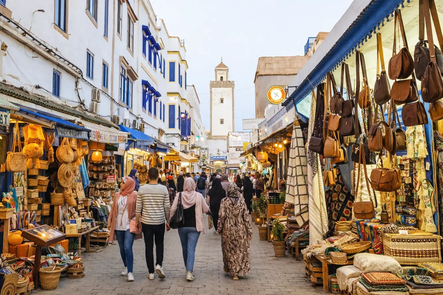 Busy street in Essaouira medina with shops, leather goods and local market stalls in Morocco