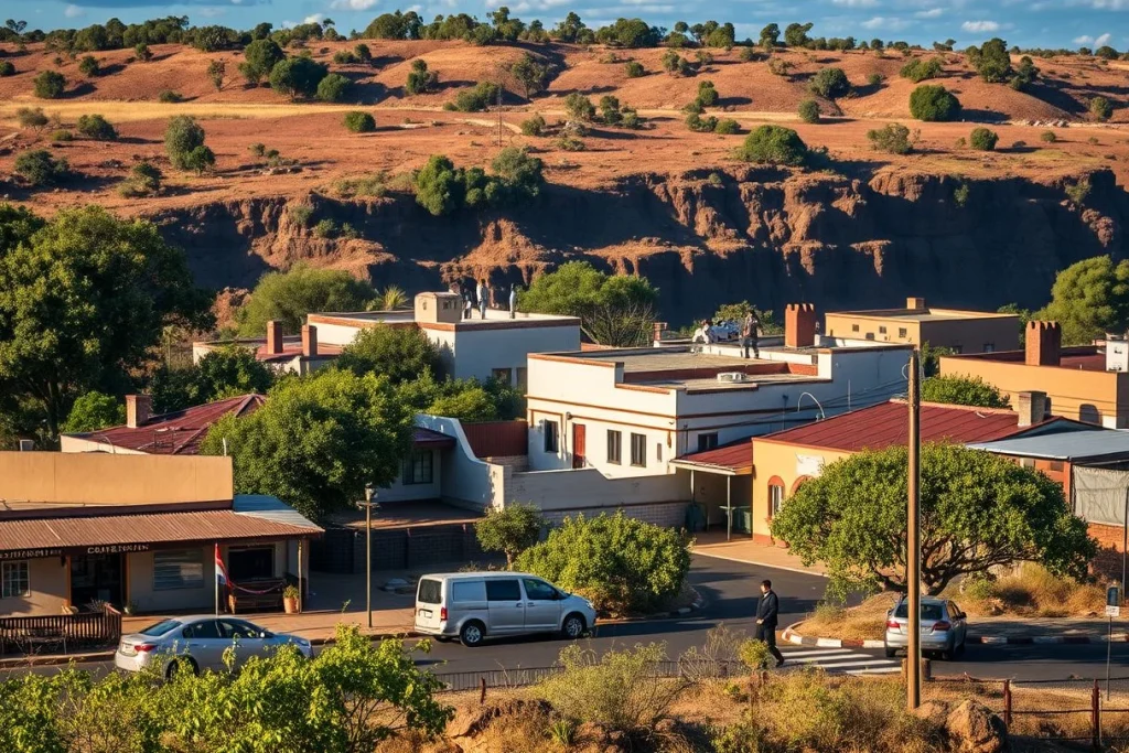 A dry, red-rock canyon overlooks a compact town of flat-roofed buildings, paved streets, several cars, and a pedestrian in