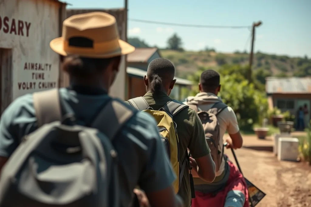 Three travellers seen from behind walk along a sunlit dirt path through a modest settlement, carrying backpacks and outdoor