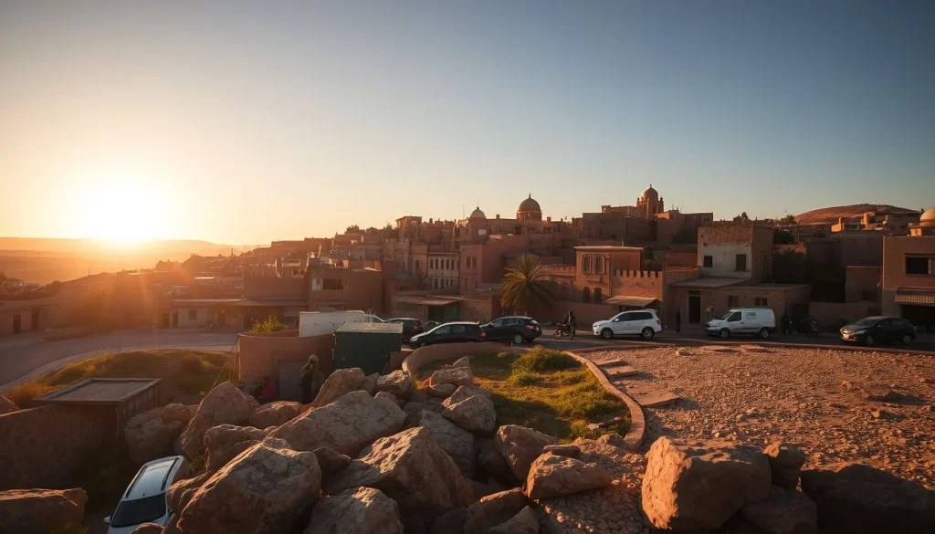 A sunset view over a dry, reddish urban settlement with domed buildings, a paved road, parked cars, rocky foreground terrain