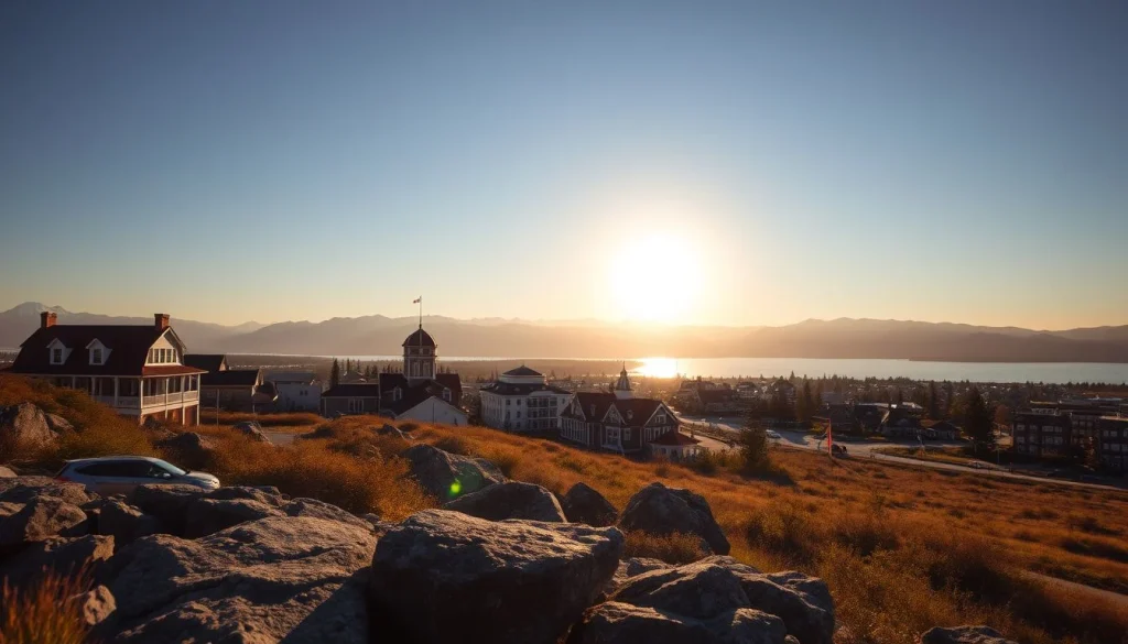 A golden-hour view over a rocky foreground and low-rise waterfront town toward calm water and layered mountains, with a