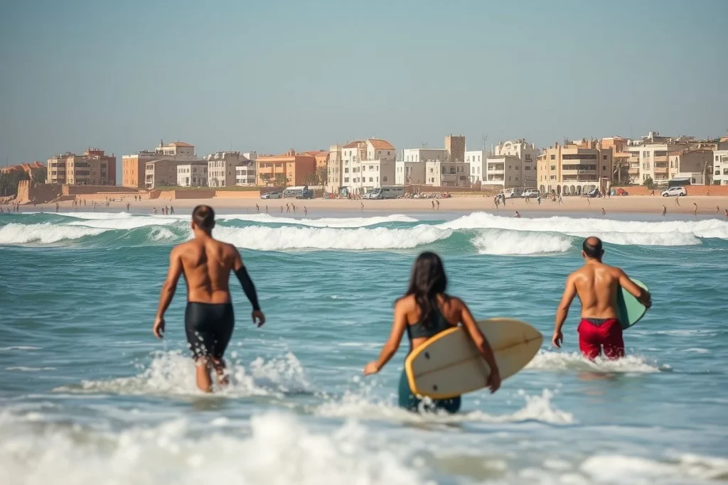 Three surfers wade into the turquoise waves of an urban beach, with a broad sandy shoreline and low-rise coastal buildings