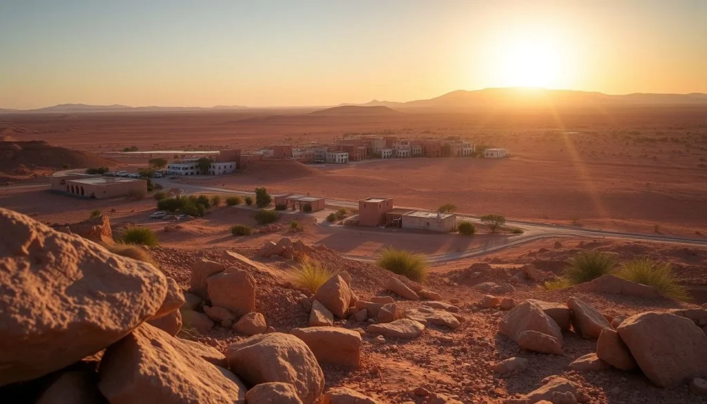A rocky Agafay Desert foreground overlooks a sparse cluster of low earthen buildings and winding roads across a reddish