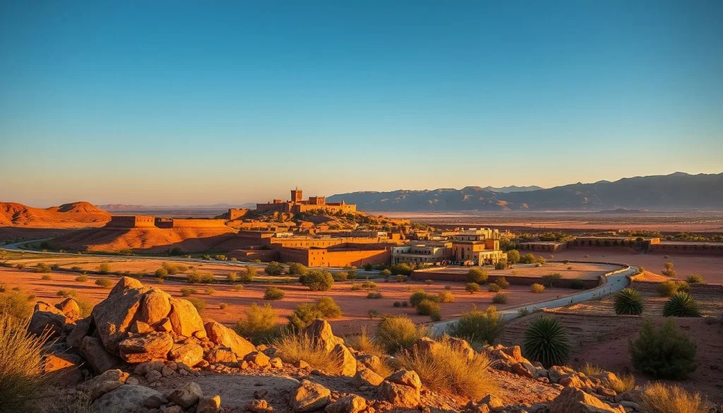 A wide golden-hour desert valley with rocky scrub in the foreground, a winding road, an earthen fortified settlement on a