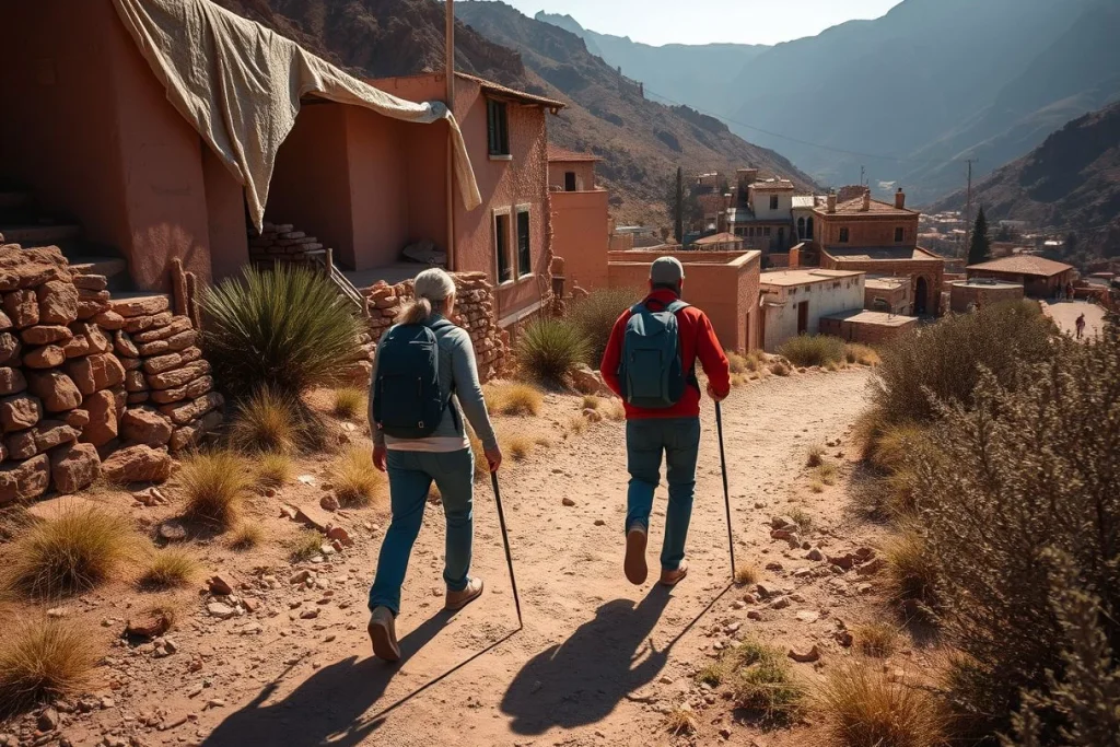Two hikers with backpacks and trekking poles walk down a rocky trail through a dry earthen village in a steep Atlas Mountain