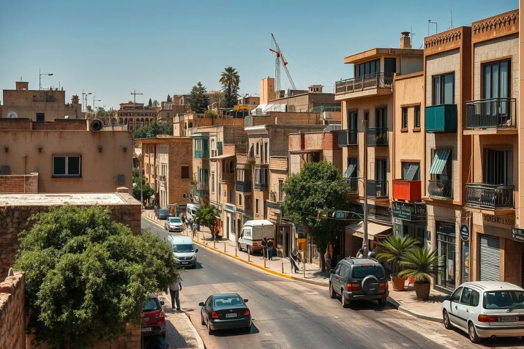 A sunlit urban street in Amman lined with closely packed tan apartment and shop buildings, balconies, trees, parked cars