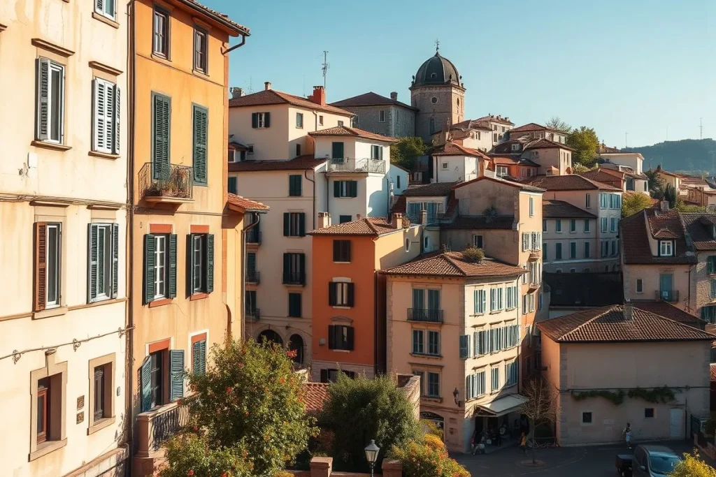 A sunlit European town with closely packed terracotta-roofed buildings, shuttered windows, leafy courtyards, and a domed