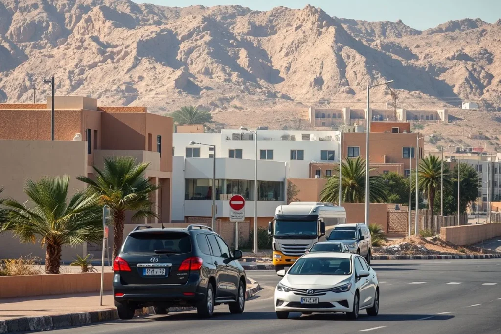 A palm-lined urban road with several cars and a truck passes low-rise buildings beneath stark, rugged desert mountains in
