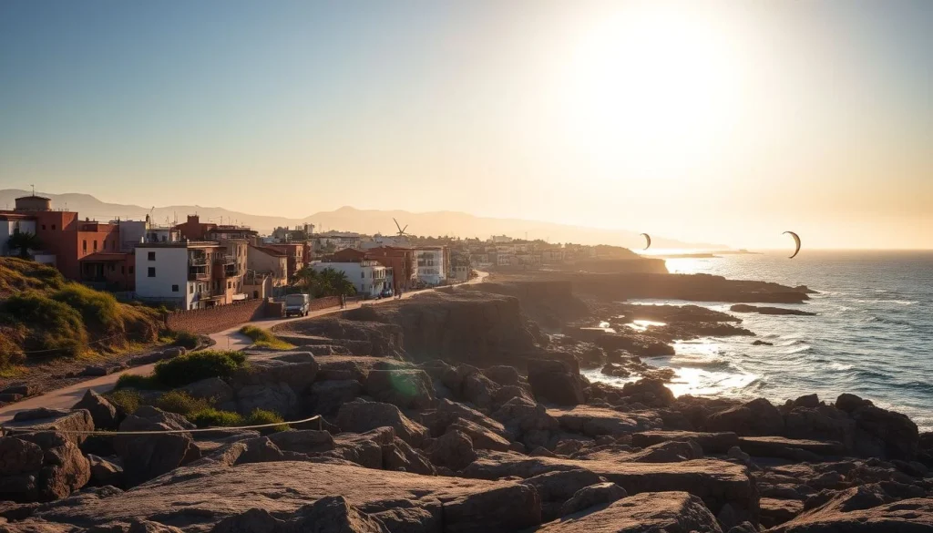 A rocky Atlantic shoreline beside a low-rise Moroccan coastal town at golden hour, with two kitesurfing kites offshore and