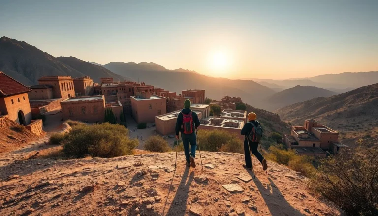 Two hikers walk along a rocky trail above a reddish adobe mountain village in the Atlas Mountains, with layered rugged peaks
