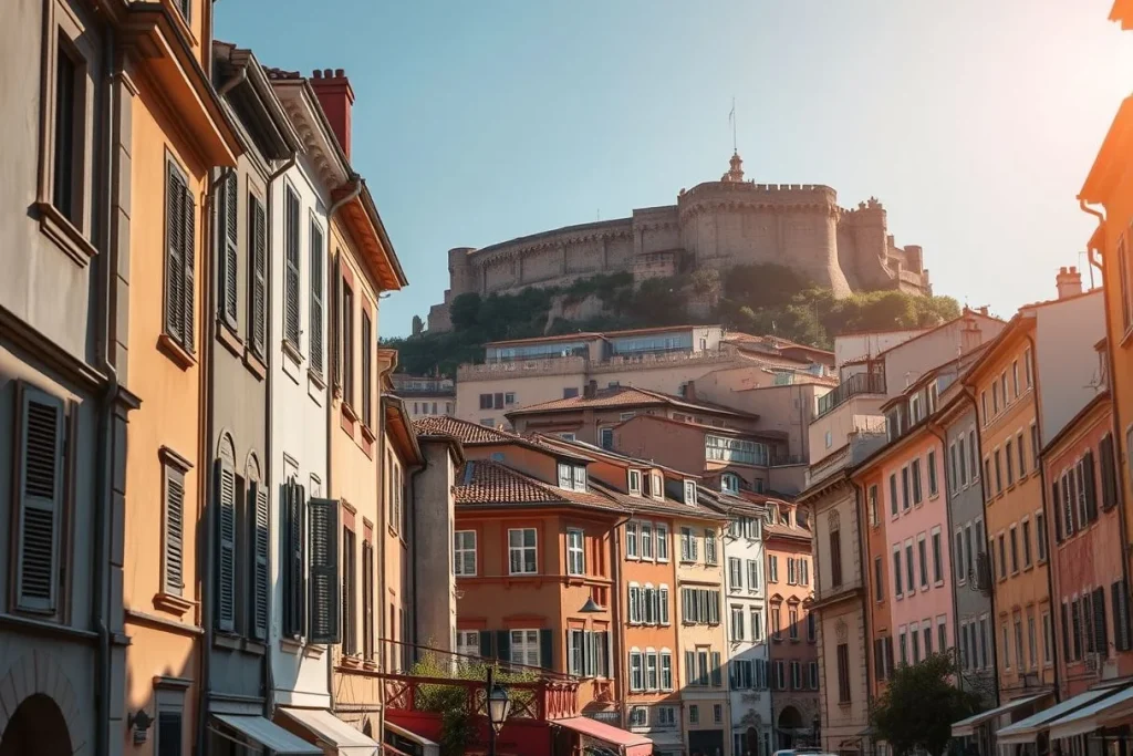 A warm, side-lit European-looking residential street rises toward a large stone hilltop fortress in the background.