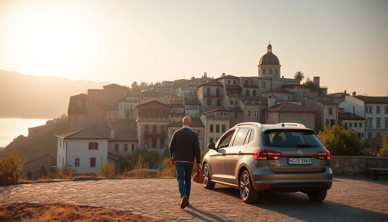 A person walks toward a parked Volkswagen beside a hillside Mediterranean town at sunrise, with a domed church, sea and