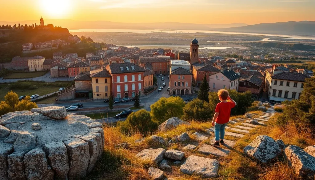 A golden-hour view from rocky terrain overlooks a European-looking town beside a broad lake or river, with one older child