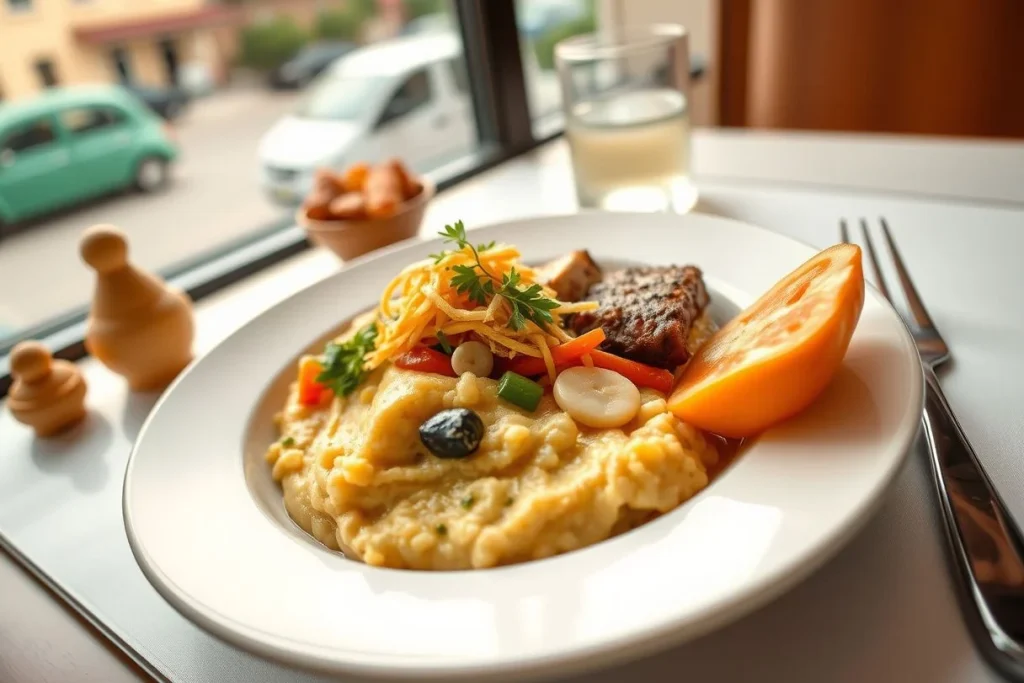 A large plated meal of mashed vegetables, grains, shredded and meat sits on a restaurant table beside cutlery and a glass