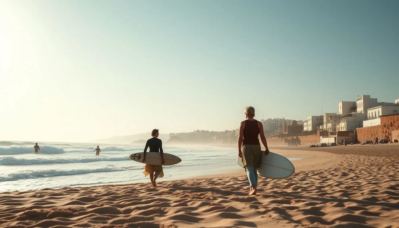 Two surfers carry boards along a broad sandy beach beside rolling Atlantic waves, with a low-rise coastal city in warm