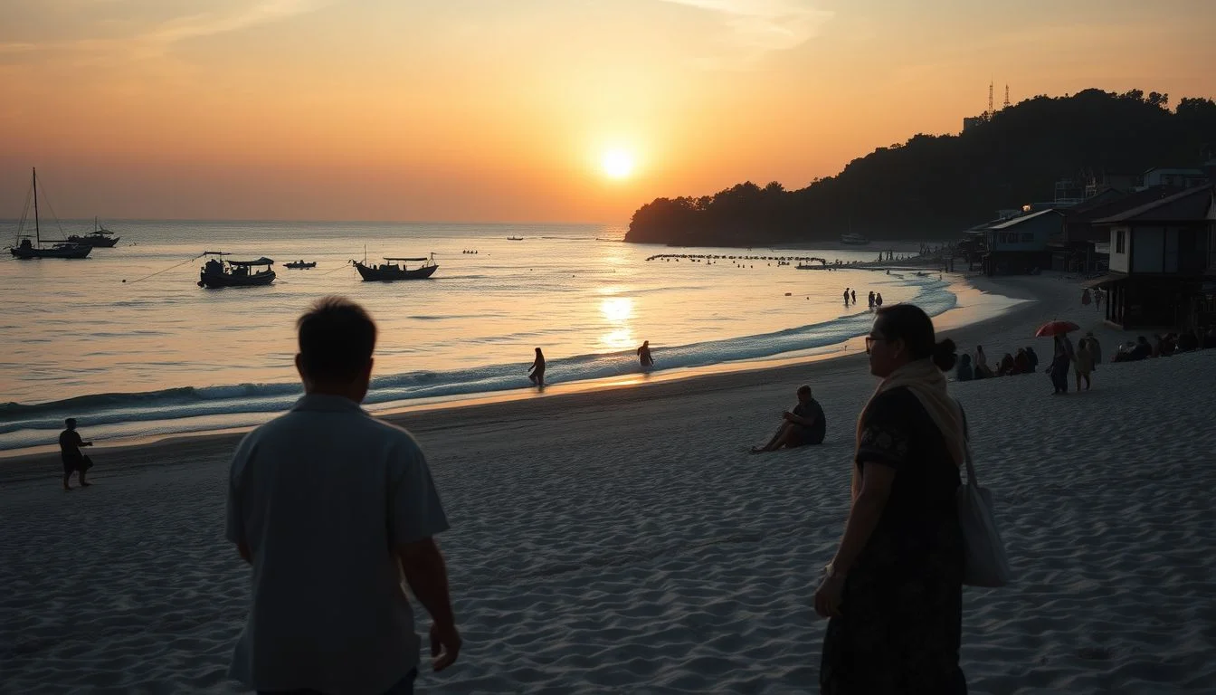A wide tropical beach at sunset with small boats offshore, people along the shore, and simple buildings beneath a wooded