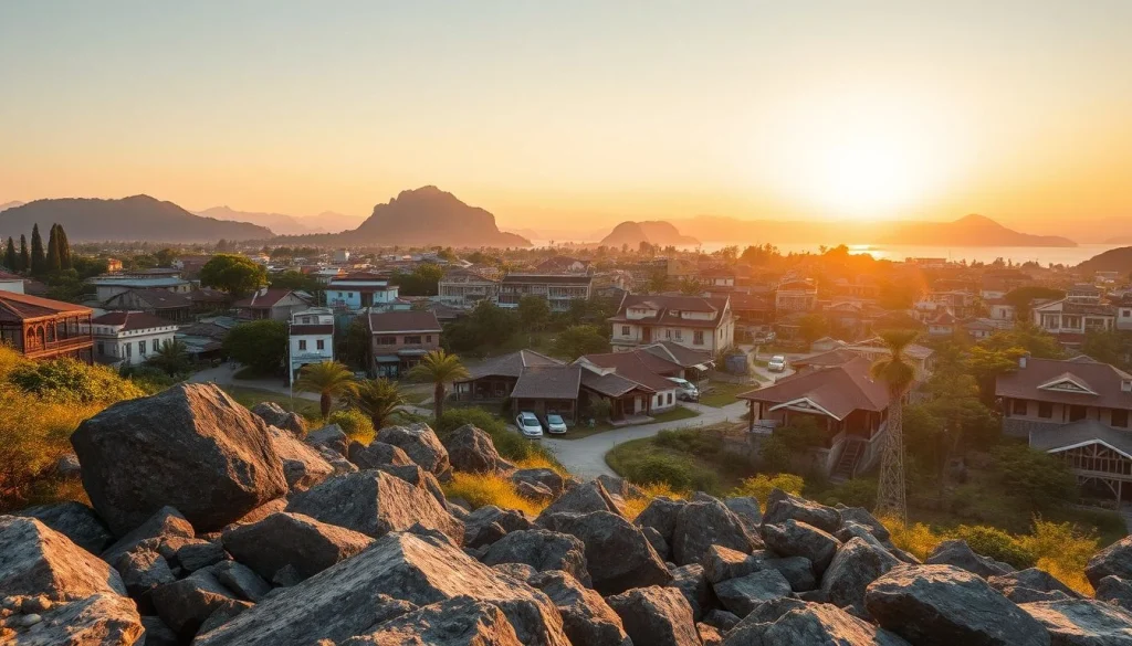 A golden-hour view over a low-rise Asian town, with large sunlit rocks in the foreground, mountains and a bright body of