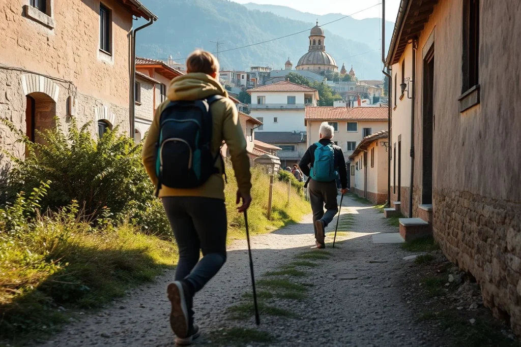Two hikers with backpacks and trekking poles walk away along a narrow cobbled lane through a mountain town toward a domed
