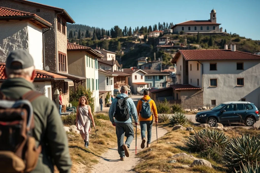 Four hikers walk along a dirt trail through a dry, hilly village with tiled-roof homes, a small church, and parked cars in