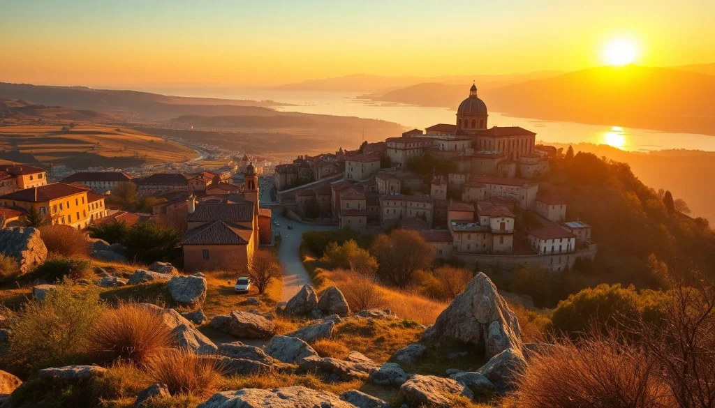 A golden-hour panorama shows a rocky hillside overlooking a terraced town with a large domed church, a winding road, and a