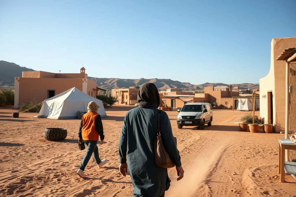 Two people walk across a sandy courtyard toward a white tent camp in a low-rise desert village, with a van and a mountain