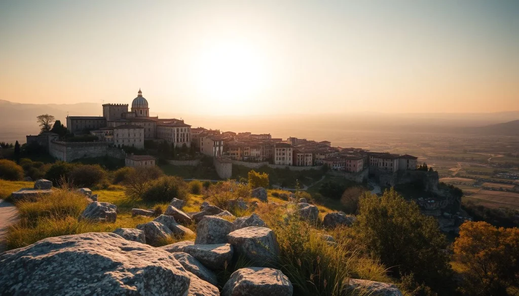 A warm golden-hour view of a fortified hilltop town with a large domed church overlooking a broad agricultural valley, seen