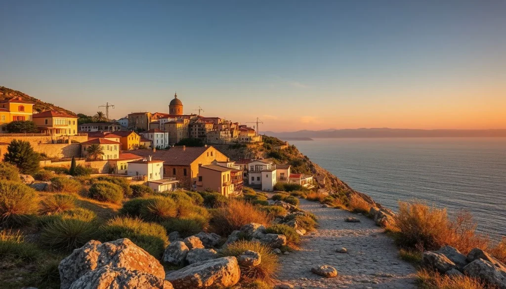 A sunlit Mediterranean-style coastal village sits on a rocky hillside above a calm sea, with a stone path and shrubs in the