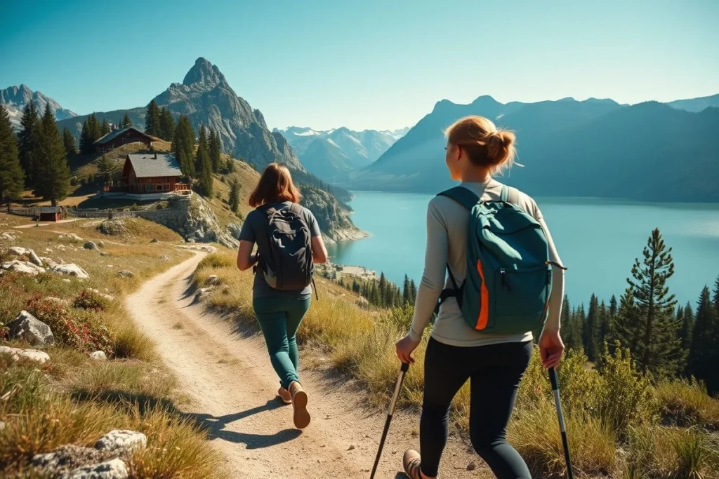 Two hikers with backpacks walk along a mountain trail above a turquoise alpine lake, with conifer-covered slopes, cabins and