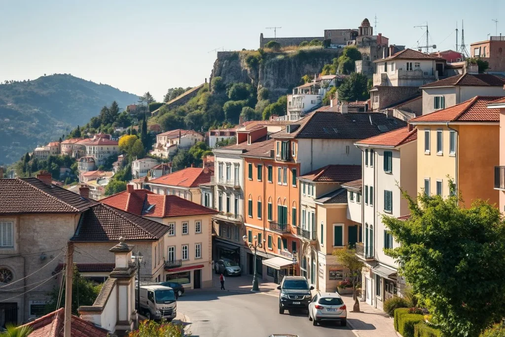 A sunlit hillside town with tightly packed pastel buildings, red-tiled roofs, parked cars, and a prominent fortified-looking