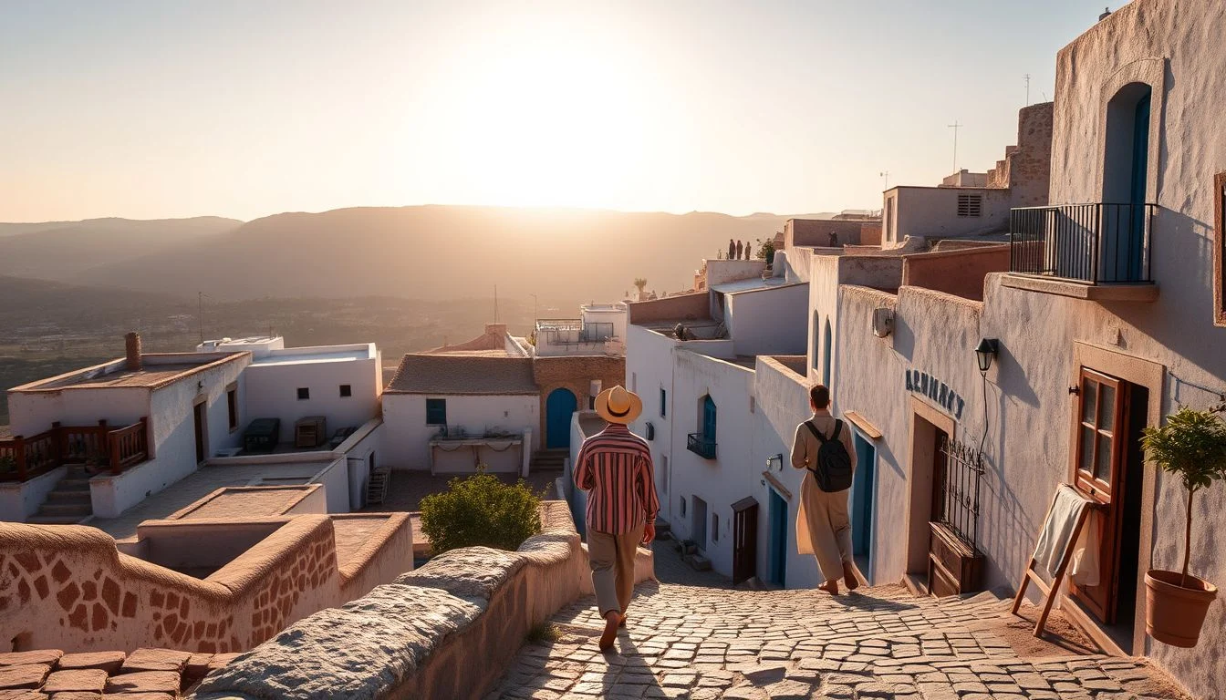 A wide sunset view down a steep cobbled lane between whitewashed Moroccan buildings, with two pedestrians and a hazy