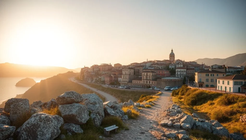 A rocky coastal overlook with a path leading toward a dense hillside town of tiled-roof buildings and a church tower in warm