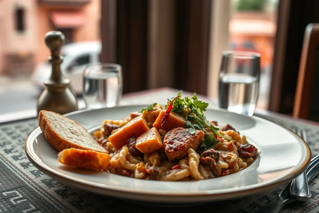 A close-up plate of mixed pasta-like noodles, roasted vegetables, meat, herbs and bread on a white dish beside water