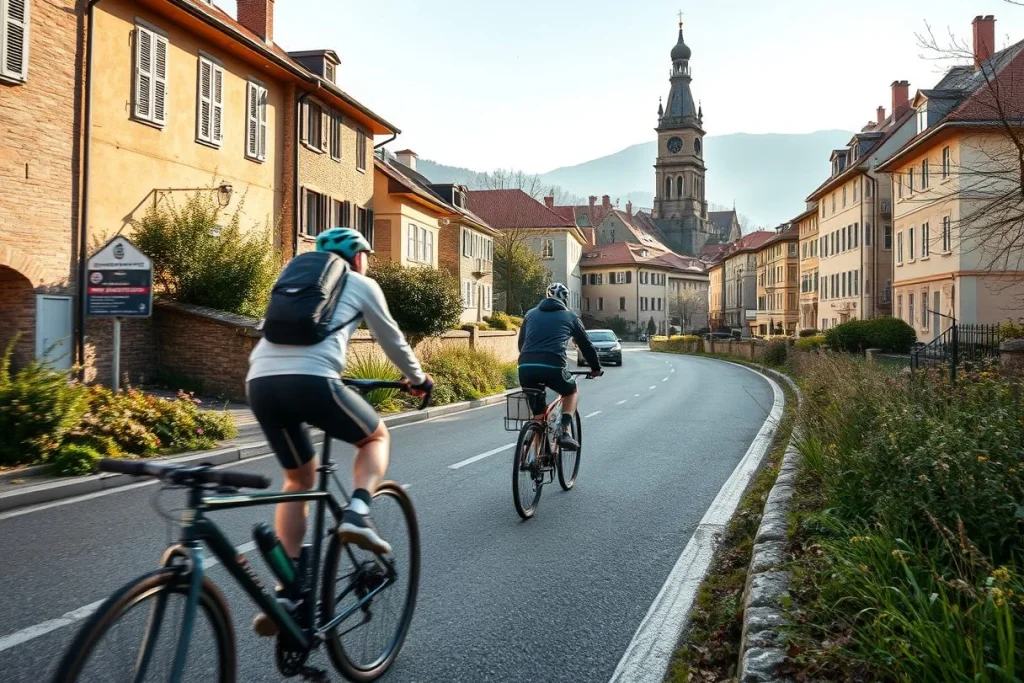 Two cyclists ride touring bicycles along a curving urban road lined with European-style buildings, gardens, and a prominent