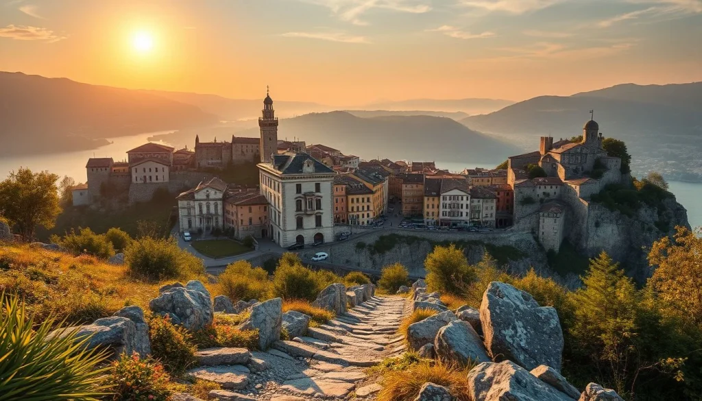A golden-hour view looks down a rocky path toward a dense fortified hill settlement beside a winding body of water and