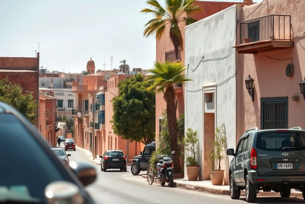 A sunlit narrow residential street in Marrakech with salmon-colored buildings, palm trees, parked cars, motorcycles, and a