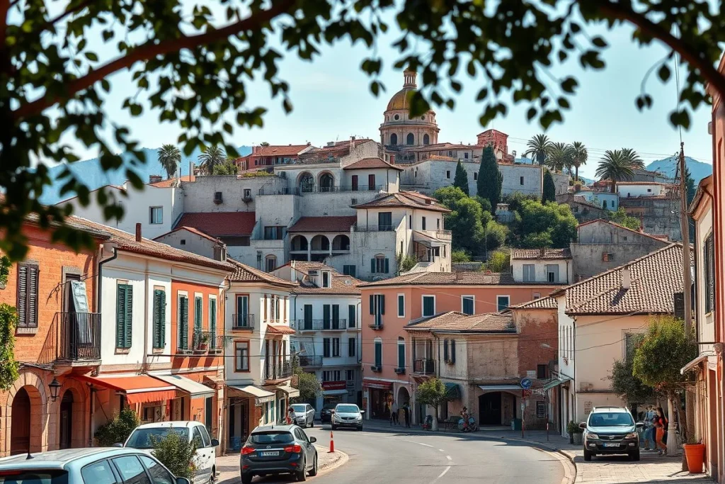 A sunlit Mediterranean hillside town with terracotta-roofed white and pastel buildings, a domed church, palm trees, parked