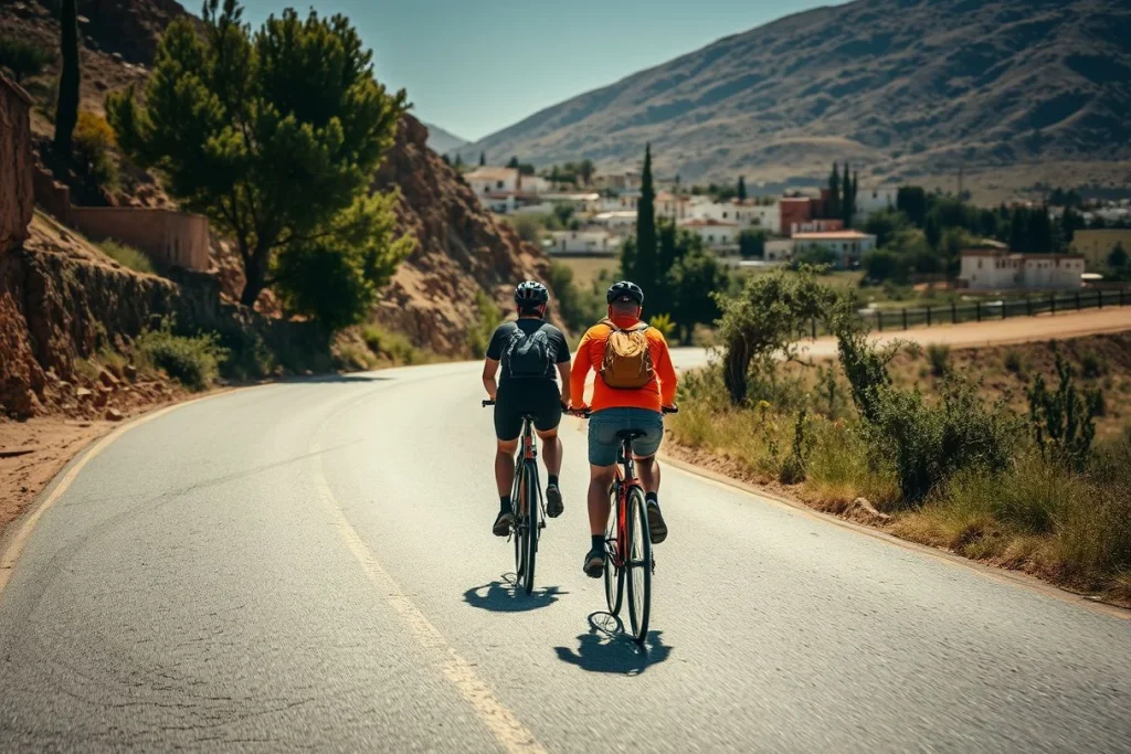 Two cyclists ride touring bicycles away from the camera along a mountain road beside a Moroccan Atlas village, with rugged