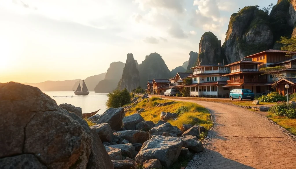 A rocky coastal road curves past wooden seaside buildings beside calm water and dramatic karst cliffs at golden hour in a