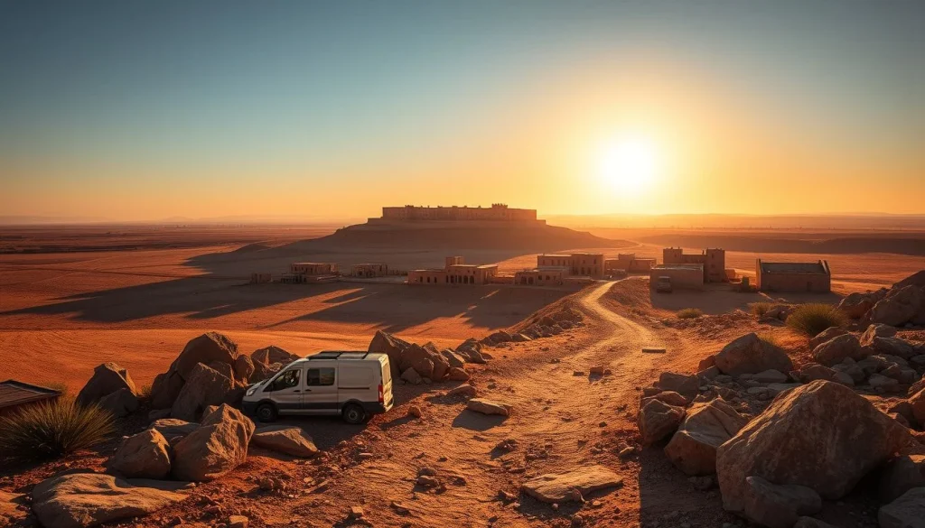 A golden-hour view over a rocky desert settlement, with a white van in the foreground and a large fortified-looking