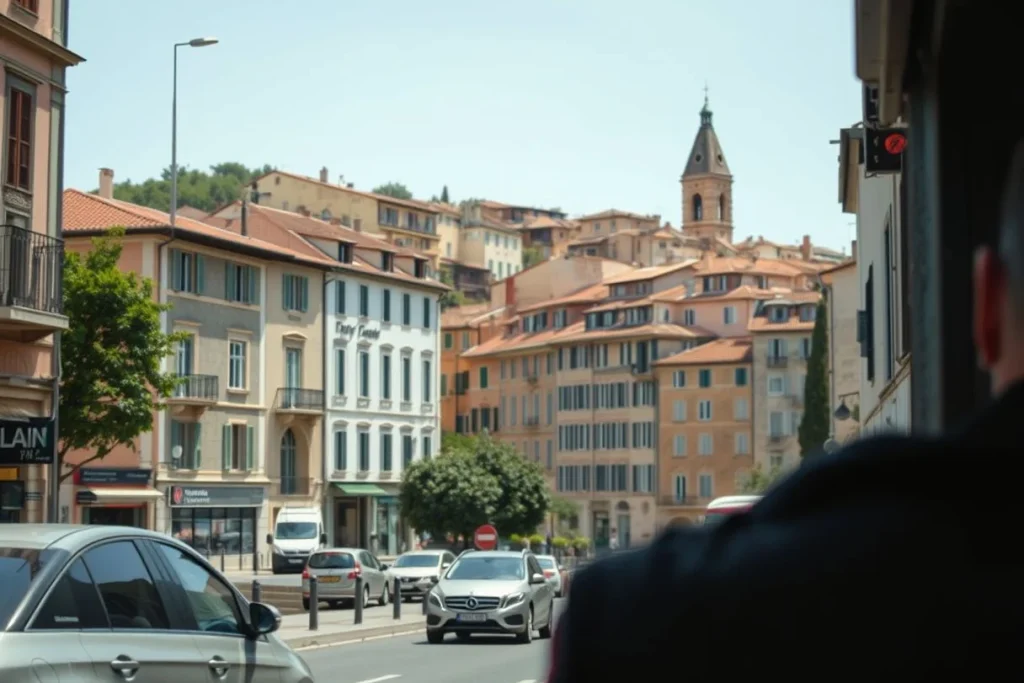 A European town street with terracotta-roofed buildings, a church tower, and several cars viewed through or beside a vehicle