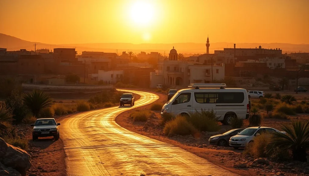 A sunlit Moroccan urban outskirts scene with a winding road, several parked and moving vehicles, low-rise buildings
