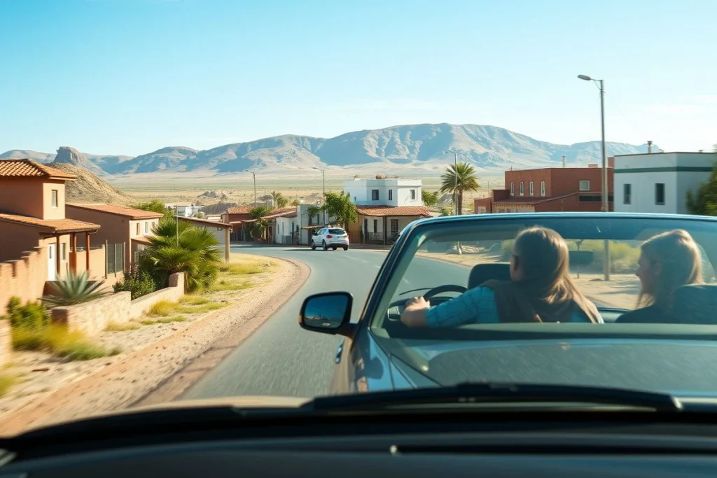 A car with two occupants is photographed from behind while driving through a paved, palm-lined settlement toward a dry