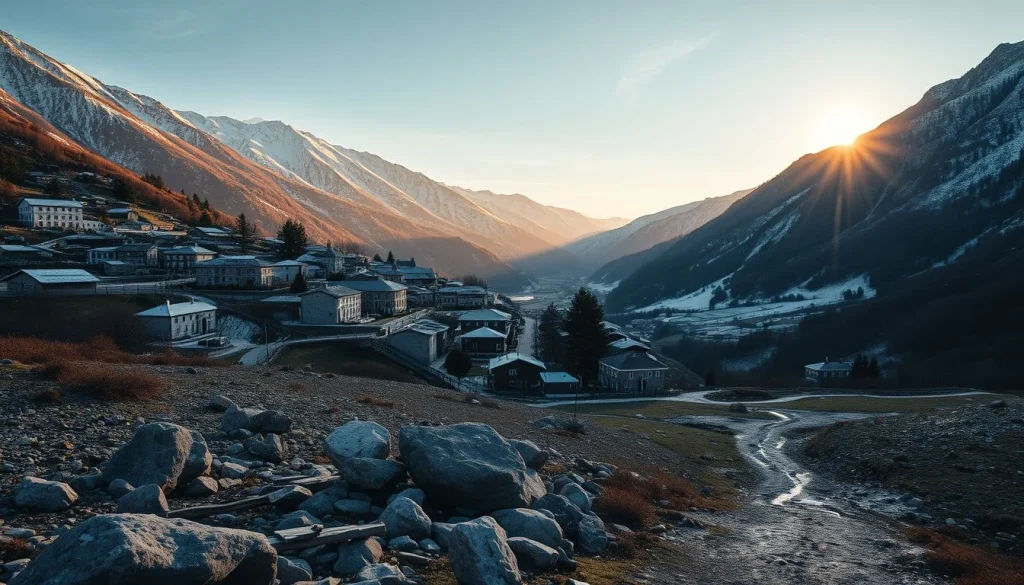 A snow-dusted mountain valley at golden hour, with a rocky foreground path leading toward a village of ordinary buildings
