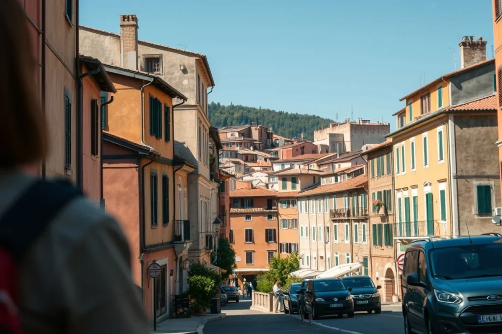 A sunlit European-looking Italian-style town street with terracotta-roofed buildings, parked cars, a wooded hillside, and