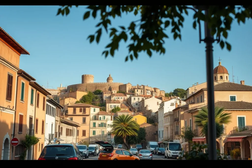 A sunlit Italian-looking town street crowded with cars, with warm stucco buildings and a large fortified hilltop complex in