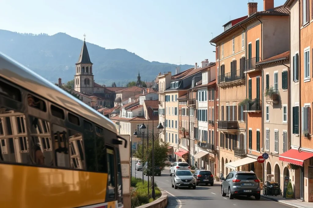 A yellow city bus passes through a sunlit European hillside town lined with pastel buildings, balconies, church towers, and
