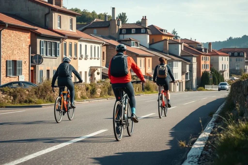 Three helmeted cyclists ride touring bicycles along a broad road through a sunlit town with closely packed red-tiled