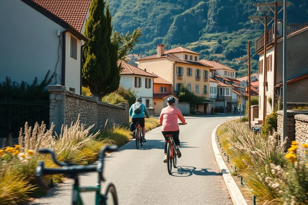 Two touring cyclists ride through a sunny mountain village street, with a blurred bicycle in the foreground and wooded hills