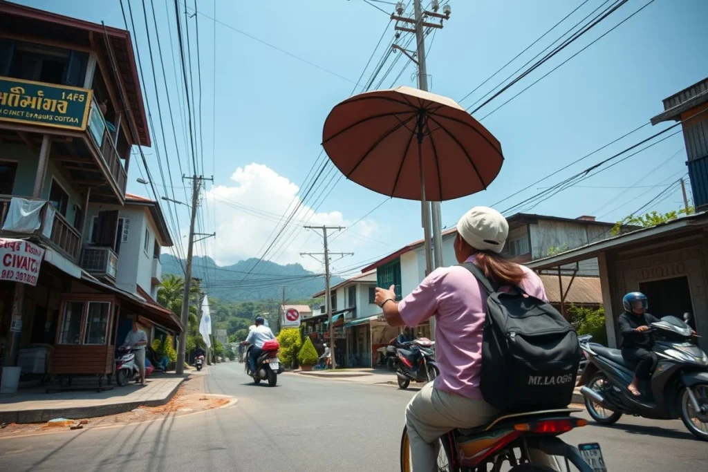 A backpacker on a motor scooter travels through a sunny, mountainous Southeast Asian town lined with shops, power lines, and